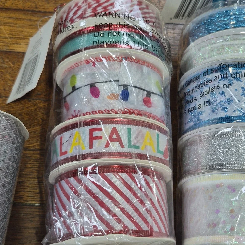 Lot of Christmas Craft Ribbon Wired Holiday Multi Pack Blues Silver Sparkle Cord
